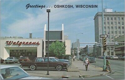 Postcard Greetings from Oshkosh WI High St and Waugoo Walgreens c1970s Unposted