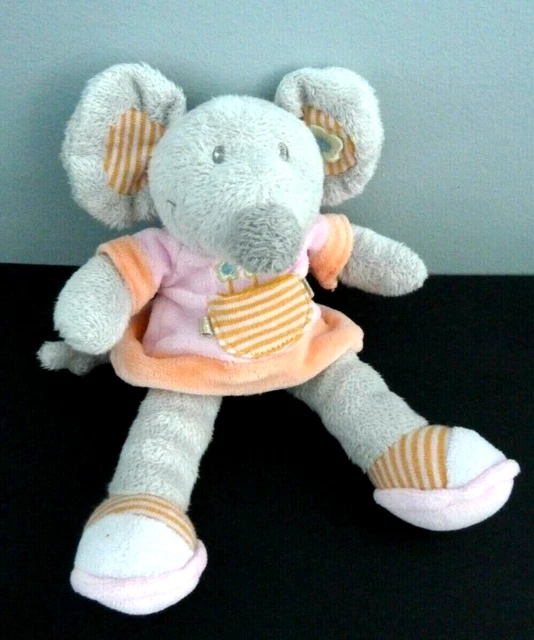 55. DOUDOU PELUCHE SOURIS VETIR GRIS ROBE POCHE RAYE ROSE ORANGE GRELOT 20cm TBE