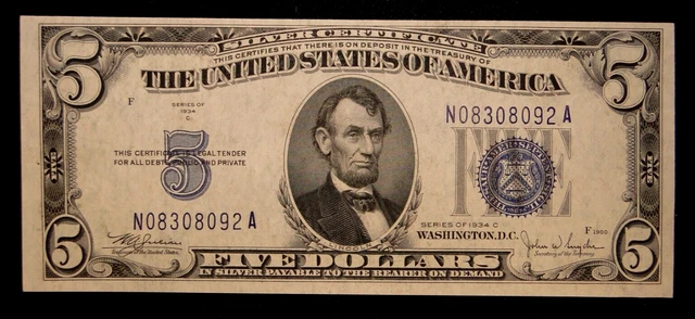 Gem Series Of 1934 C $5 Small Size Blue Seal Silver Certificate