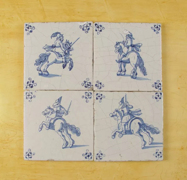 Antique Set of 4 Dutch Delft Tile Horse-Men 17th C.