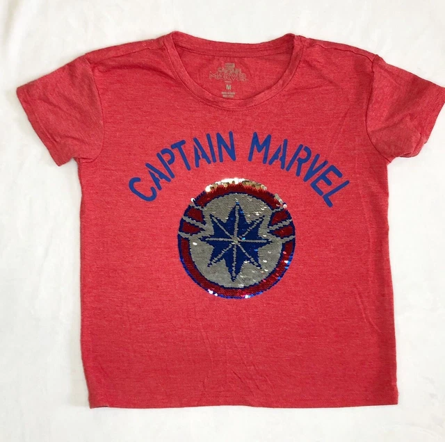 Captain Marvel Girls Super hero Shirt Sequin Changing Shield USA Size Medium