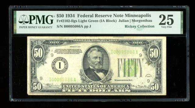 DBR 1934 $50 LGS FRN Minneapolis Fr. 2102-Ilgs PMG 25 Serial I00095086A