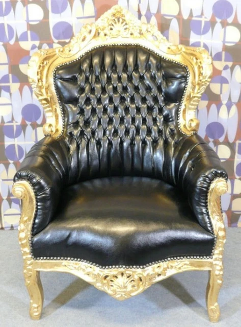Casa Padrino Barock Sessel King Lederoptik Schwarz / Gold - Möbel Antik Stil