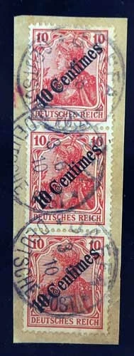 DP Türkei Stpl; "JAFFA 3/6/10" K1 3x senkr. 3er-Streifen 10 C, MiNr. 49,Bale 49