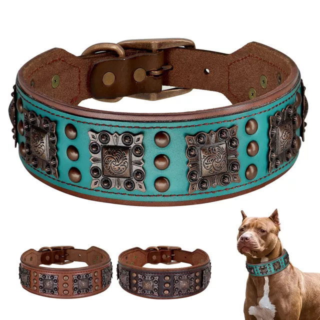 Luxury Genuine Leather Dog Collars Wide Heavy Duty Pet Neck Strap For Pitbull