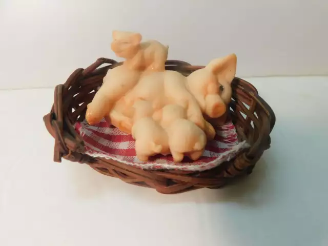 Vintage Pig Piglets in Basket Figurine Decor Collectibles