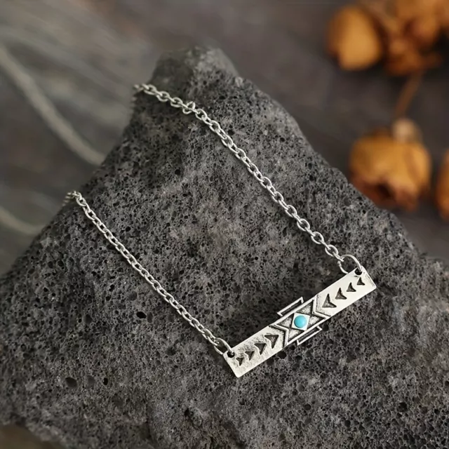 Vintage Long Bar Pendant Necklace Inlaid Turquoise Silver Plated Jewelry Gifts