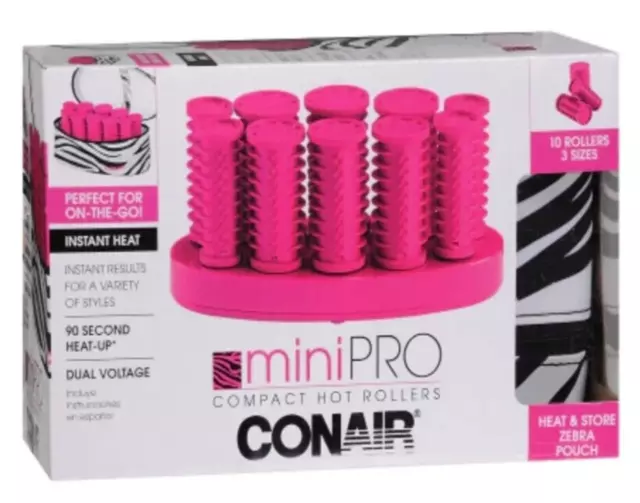 Conair Hot Rollers Mini Pro Compact Travel Size + Zebra Pouch Dual Voltage Pink