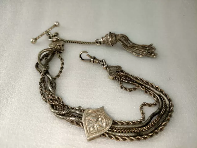 SUPERB Antique Victorian Solid Silver Albertina Chain T-Bar Bracelet and Tassel