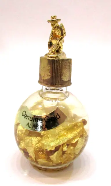 Alaska Miner Figure Lid Genuine 24 Karat Gold Flakes 2.5" Tall Glass Ball Bottle