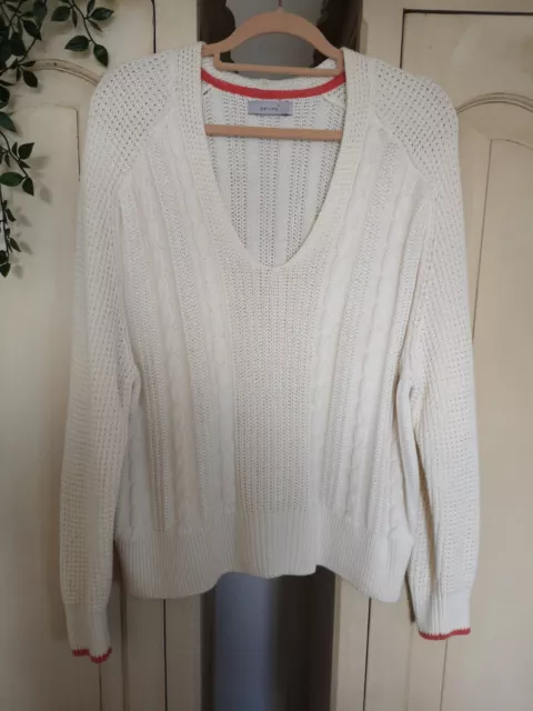 M&S Per Una Size L 14/16 Loose Fit Cream V Nike Cotton Cable Knit Jumper