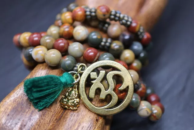 Goldjunge69 * Edelstein Mala Armand 108 + 2/1 Buddha & Om  Picasso Jaspis Flex