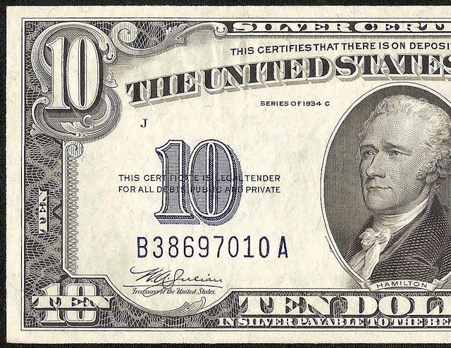 1934 C $10 Bill Silver Certificate Blue Seal Note Currency Crisp Au Paper Money