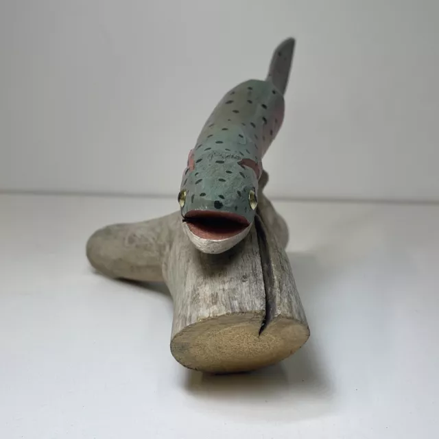 Vtg Signed Wooden Hand Carved & Painted Fish Log Stand Trout Folk Art Fishing