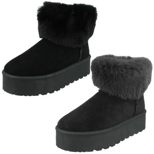 Femmes Spot On F4463 Plateforme Confortable Bottines Avec Fausse Fourrure Col