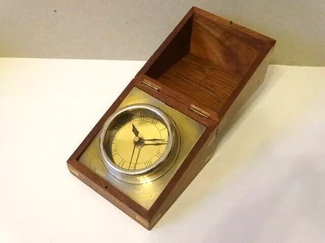 Vintage Retro Antique Heavy Wooden Box Brass Quartz Desktop Clock Works Great !!