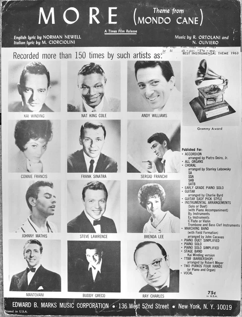 VINTAGE SHEET MUSIC 1963 Song More Theme From Mondo Cane Lyric Norman 