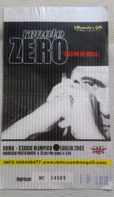Biglietto Concerto RENATO ZERO Prove di Volo 2002 ROMA TICKET