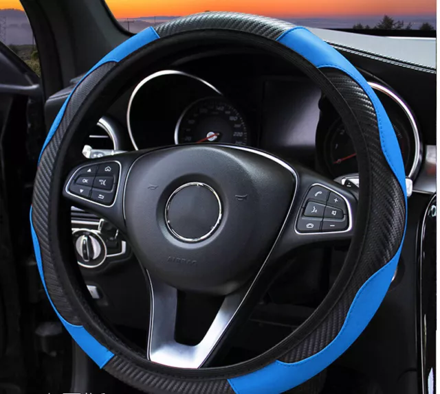 Car Auto Steering Wheel Cover Carbon Fibre Breathable Anti-slip Protector Blue B