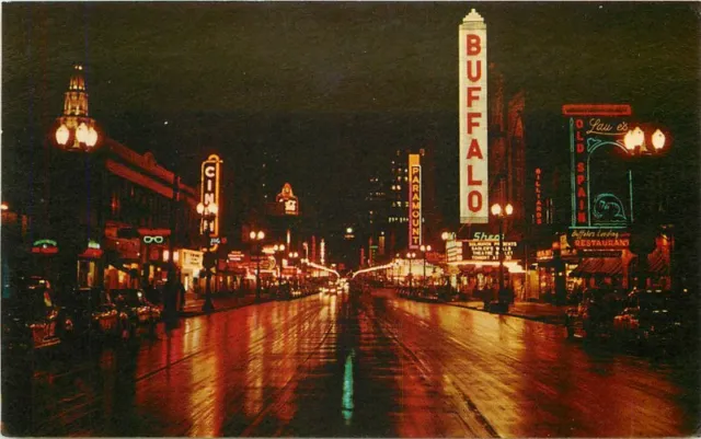 Buffalo New York Downtown Main Street Night Neon Teich 1960s Postcard 20-10014