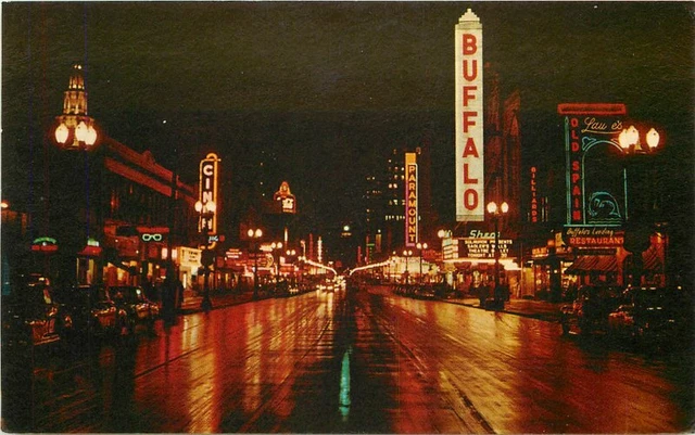 Buffalo New York Downtown Main Street Night Neon Teich 1960s Postcard 20-10014