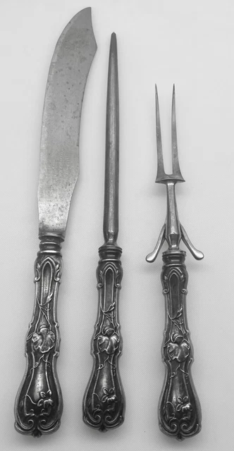 Art Nouveau Lily Floral Quadruple Silverplate Knife Fork Sharpener Carving 3 PCS
