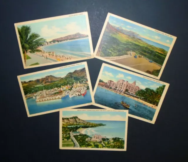 Vintage 1940s Hawaii Hotel Harbor & Waikiki Beach Linen Curteich Postcard Lot