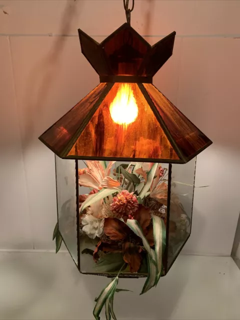 Vtg Stained Slag Glass Hanging Terrarium Swag Grow Lamp Light Planter MCM 1970s