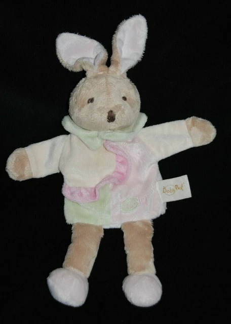 Peluche Doudou Lapin Marionnette Rose Vert BABY'NAT BABYNAT Col Vert TTBE