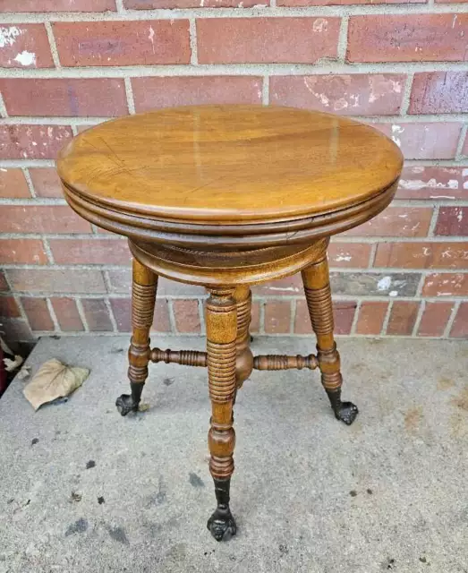 Antique Oak Piano Stool Ornate Carved Turned Wood Glass Ball Brass Claw Feet