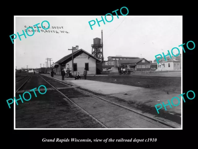 OLD LARGE HISTORIC PHOTO OF GRAND RAPIDS WISCONSIN RAILROAD DEPOT STATION c1910