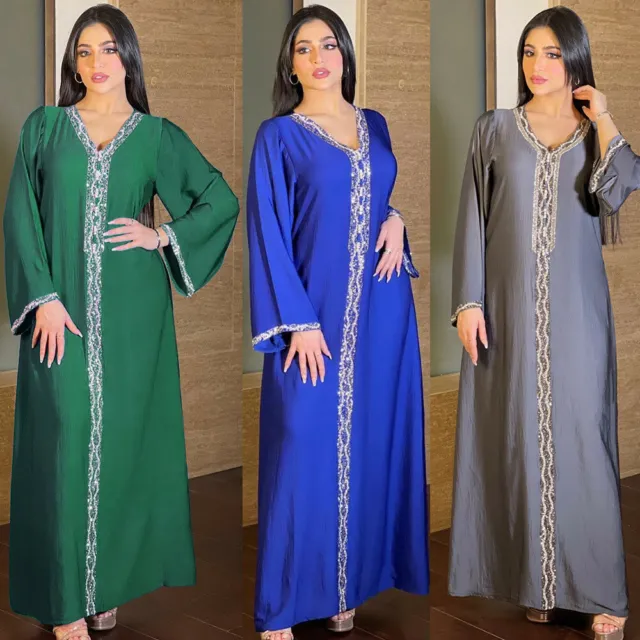 Dubai Elegant Women Kaftan Long Dress Muslim Abaya Rhinestone Moroccan Jilbab