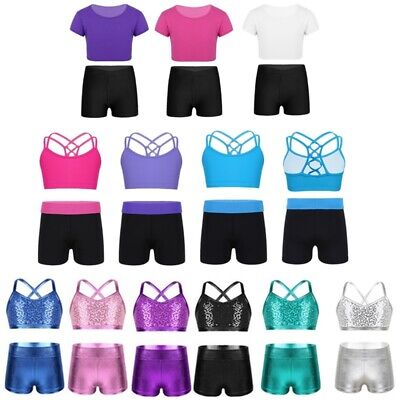 Kids Girls Athletic Outfit Crop Top Booty Shorts Bottoms Gymnastics Dance Sports