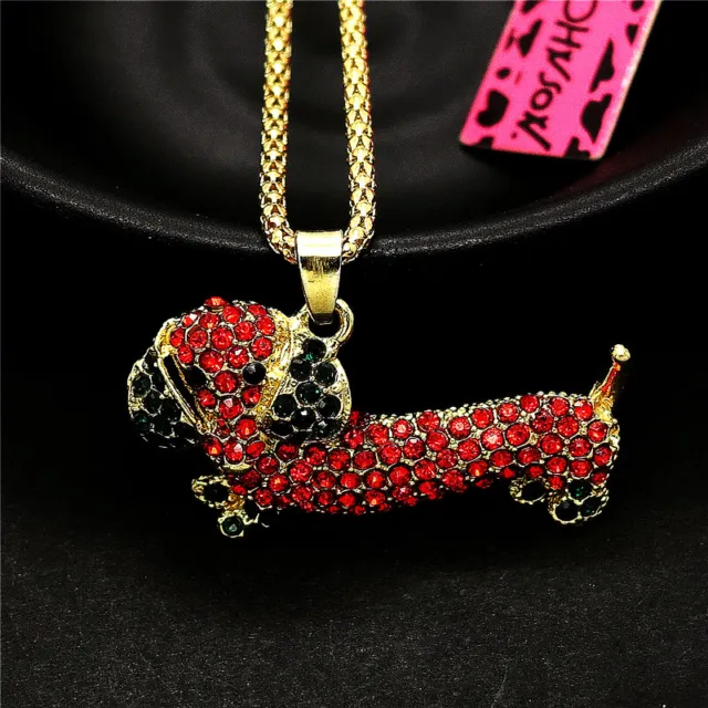 Betsey Johnson Rhinestone Red Crystal Cute Dachshund Dog Pendant Chain Necklace