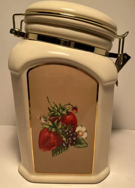 Knotts Berry Farm Foods Ceramic Canister w/Hinged Lid Fruit Design XLarge Square