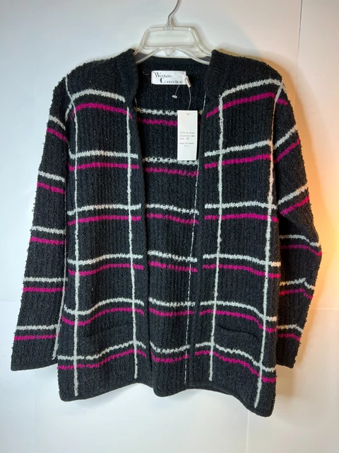 VTG Western Connection Open Front Chunky Knit Cardigan Blk w/Pink White Stripe-M