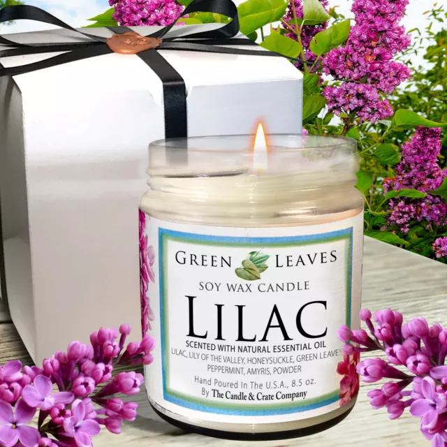 Lilac Scented Green Leaves 8.5 oz Handmade Mason Single Wick Soy Wax Candles!