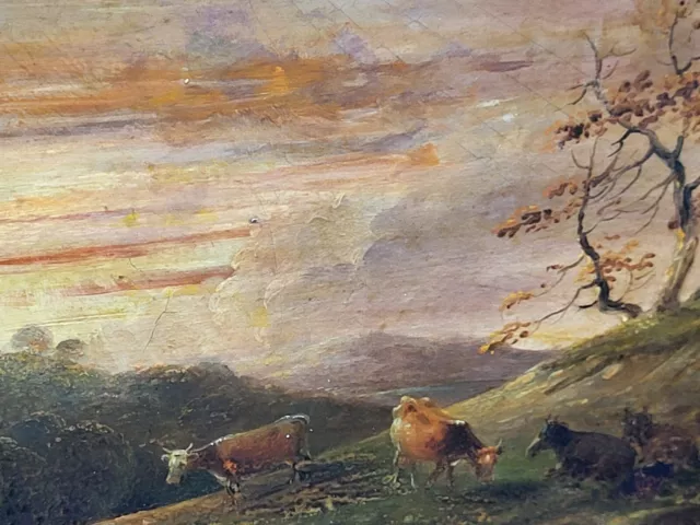 Tableau ancien signé . Vaches paturant. Peinture huile sur panneau de bois  XlX°