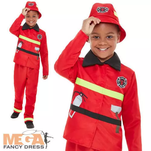 Fire Fighter Boys Fancy Dress Emergency Fireman Uniform Kids Book Day Costume