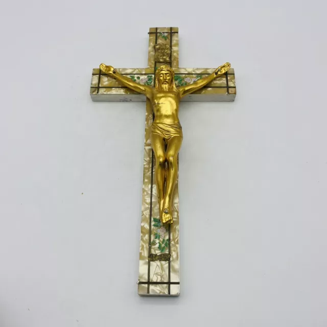 Vintage Wall Crucifix Cross Wood Metal Jesus Catholic Christian Pearlized INRI