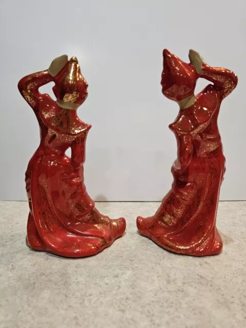 Male & Female Balinese Dancers Red With Gold Gilner Pottery of CA Hand Painted 2