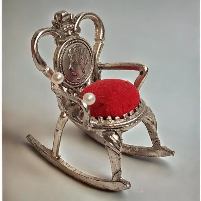 Vintage Rocking Chair Sewing Pin Cushion Red Velvet Cushion Silver Tone Cast