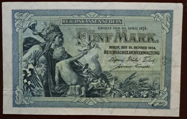 Reichsbanknote zu 5,- Mark 31.10.1904 fantastisch erhalten.