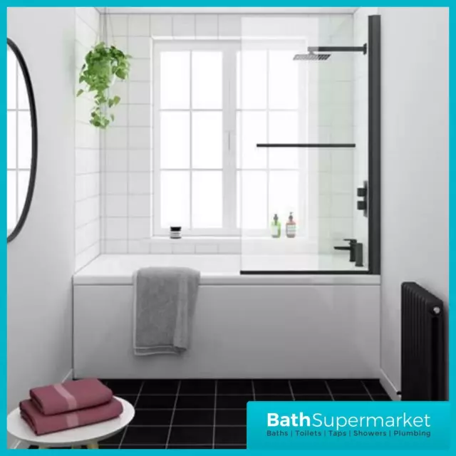 Over Bath Shower Screen Door 800mm Frameless Black Square 6mm Safety Glass Panel