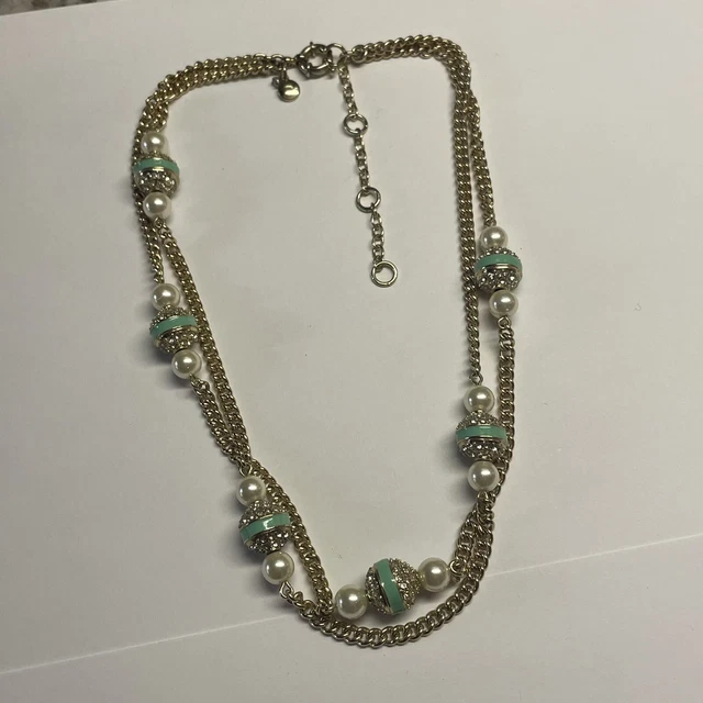 Signed J. Crew Multi Strand Faux Pearl Costume Necklace Rhinestone / Enamel