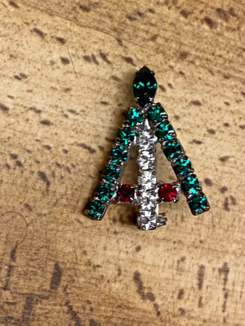 Vintage Rhinestone Tree Christmas Pin Brooch 1 1/8"