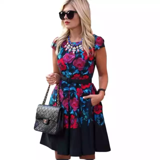 Eliza J Floral Print Pleat Fit & Flare Dress