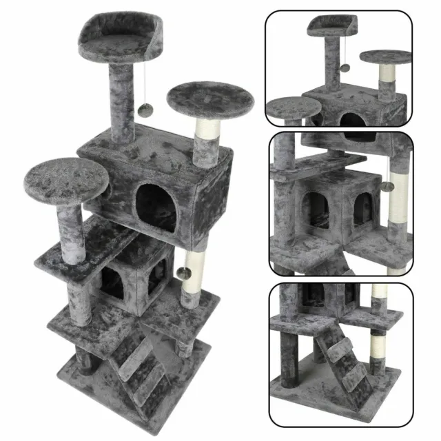 Gray Cat Tree Tower Activity Center Large Playing House Condo Rest Cat 55" 2