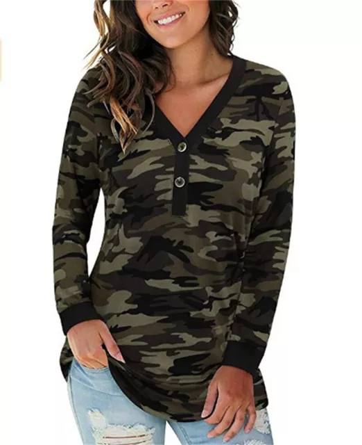 Womens Camo Leopard Print V Neck T Shirt Ladies Long Sleeve Pullover Blouse Tops