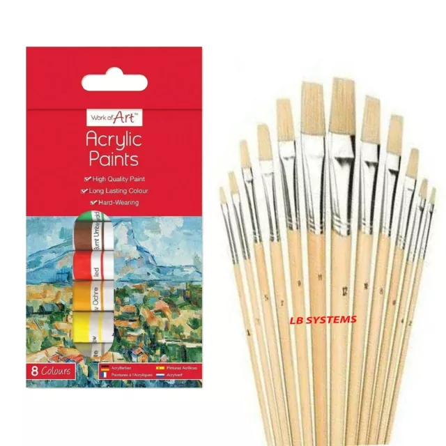 12 PC ASSORTED WOODEN HANDLE ARTIST's BRUSHES + 8 TUBES ACRYLIC PAINT SET NEW